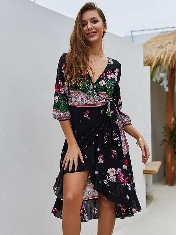 V-Neck 3/4 Length Sleeve Floral Print Crossed Front Belt Slit Ruffle Hem Dresses