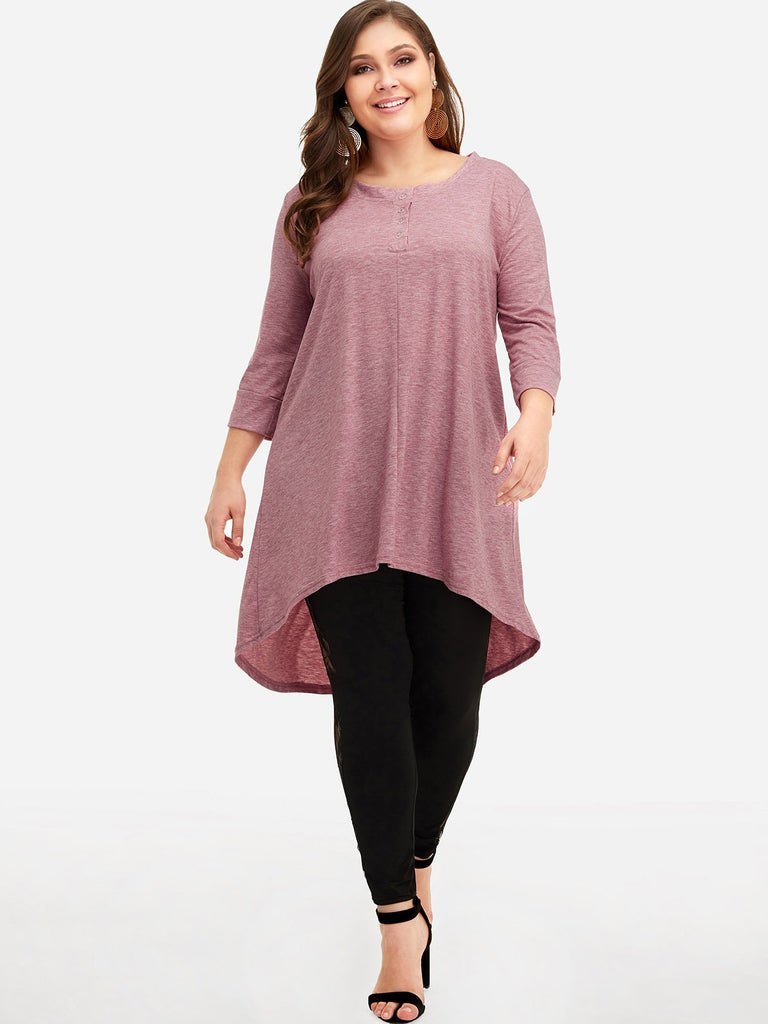 Round Neck Plain 3/4 Sleeve High-Low Hem Plus Size Tops