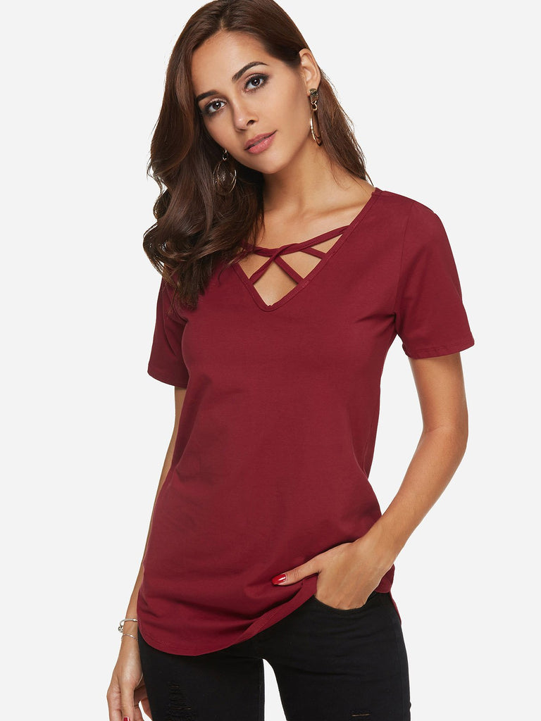 V-Neck Plain Crossed Front Short Sleeve Curved Hem Burgundy T-Shirts