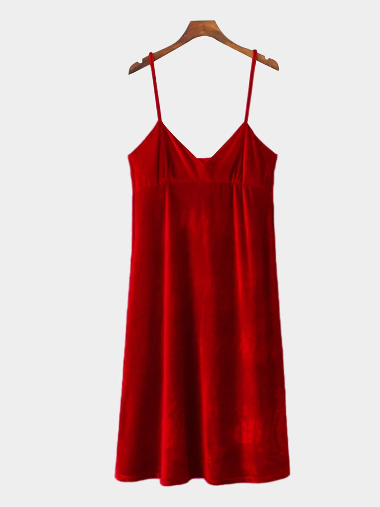 Red V-Neck Sleeveless Plain Sexy Dress