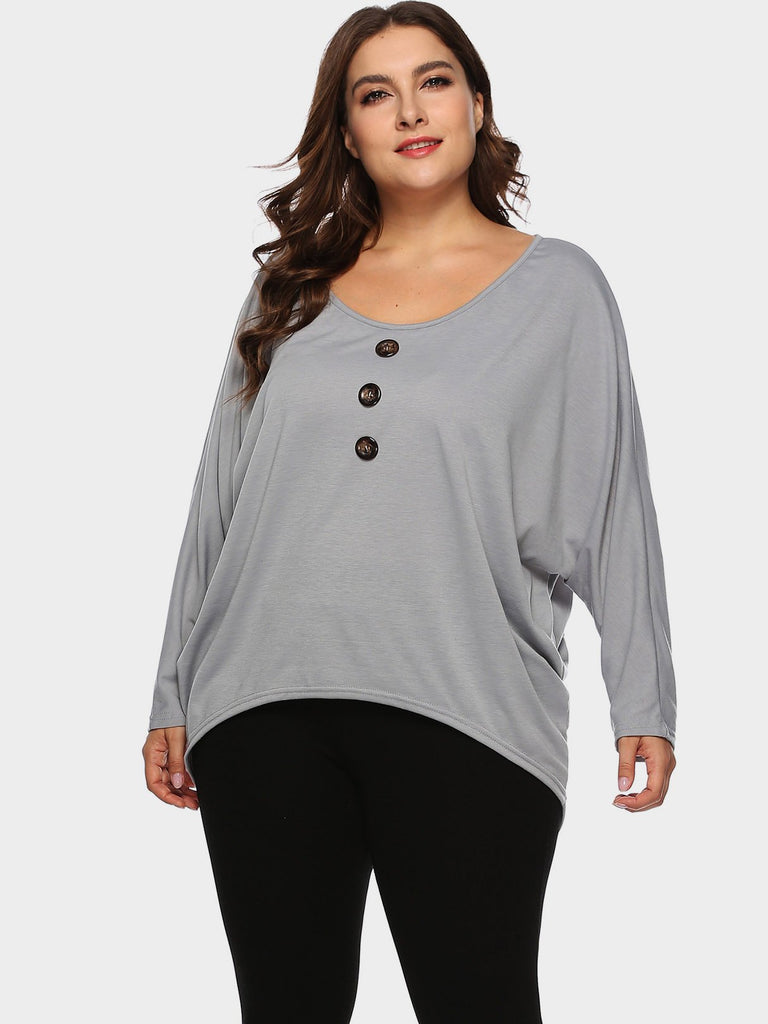 Round Neck Plain Long Sleeve Plus Size Tops