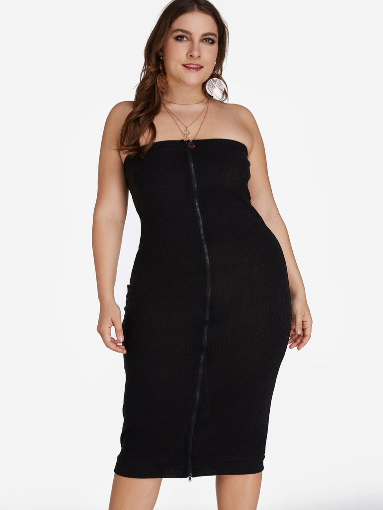 Strapless Plain Zip Back Sleeveless Black Plus Size Dresses