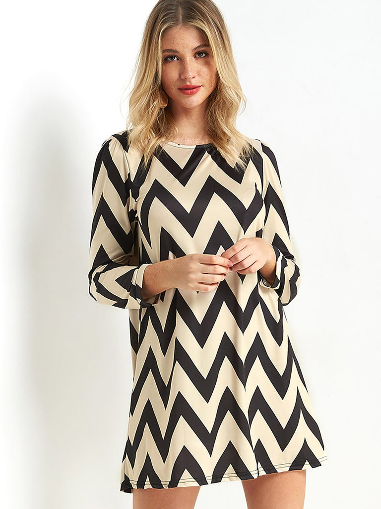 Brown Round Neck Long Sleeve Wave Casual Dresses