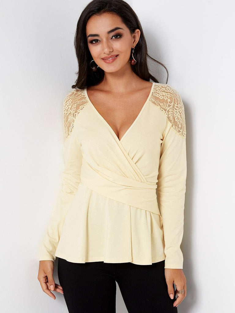 V-Neck Lace Pleated Long Sleeve Beige T-Shirts