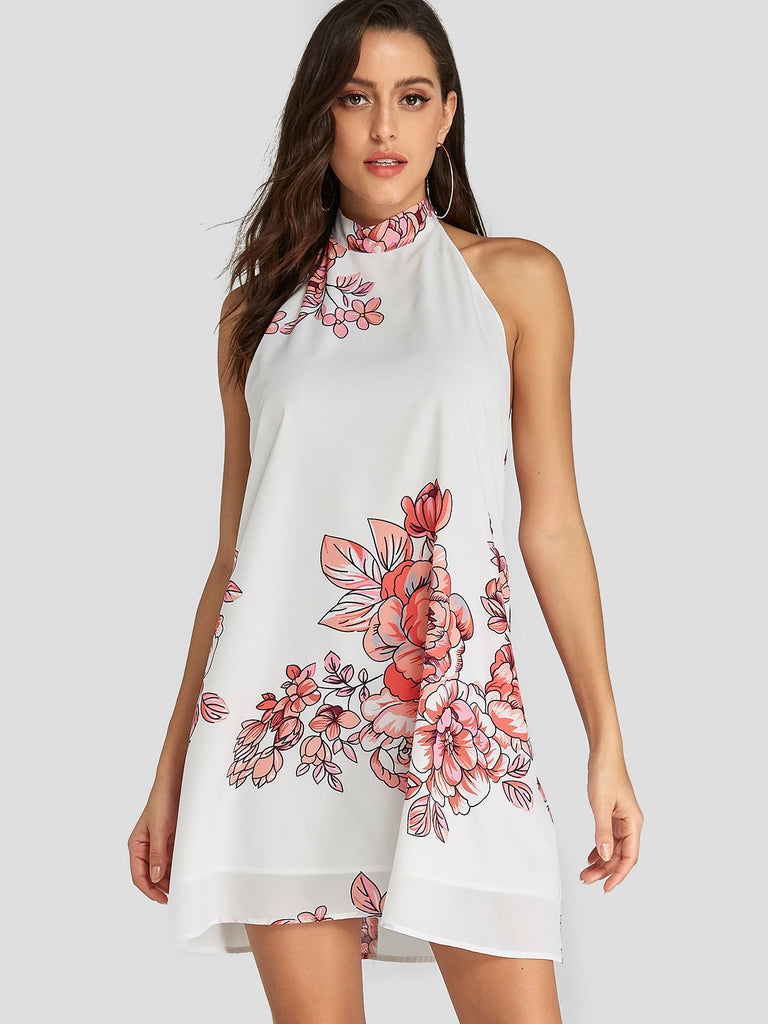 White Halter Sleeveless Floral Print Backless Self-Tie Dresses