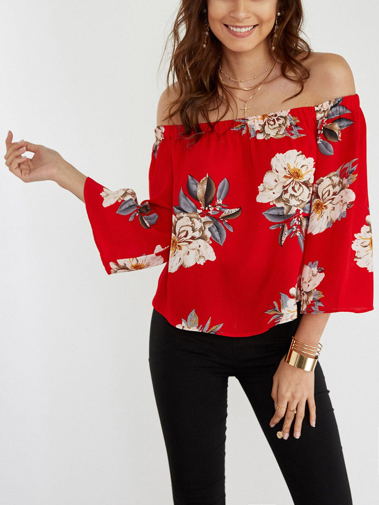 Off The Shoulder Floral Print 3/4 Sleeve Red Blouses