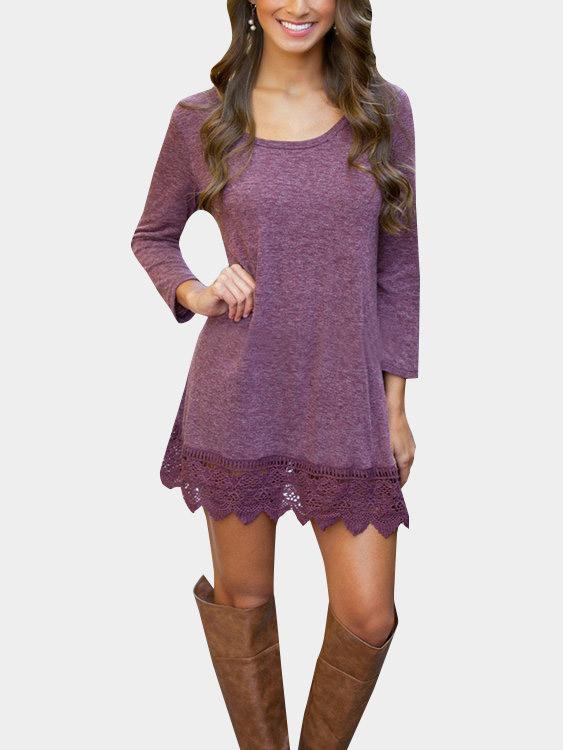 Purple Round Neck 3/4 Length Sleeve Lace Mini Dresses