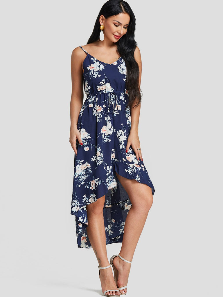 V-Neck Sleeveless Floral Print High-Low Hem Dresses