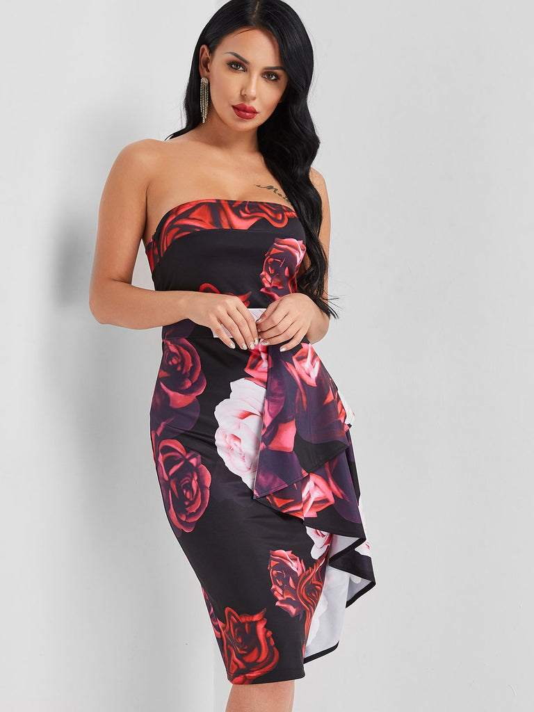 Black Tube Top Sleeveless Floral Print Backless Stitching Ruffle Hem Dresses