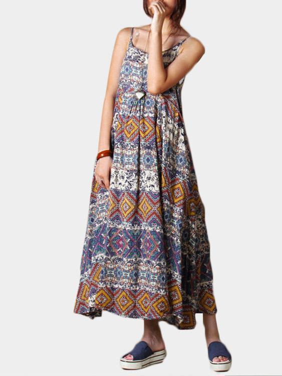 Sleeveless Tribal Print Backless Dresses