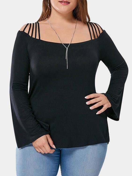 Off The Shoulder Plain Lace-Up Long Sleeve Flounced Hem Black Plus Size Tops