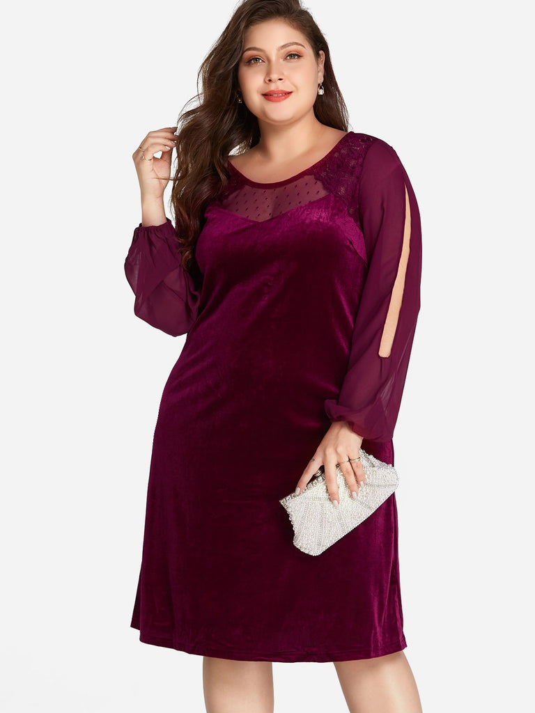 Round Neck Polka Dot Long Sleeve Slit Hem Plus Size Dress