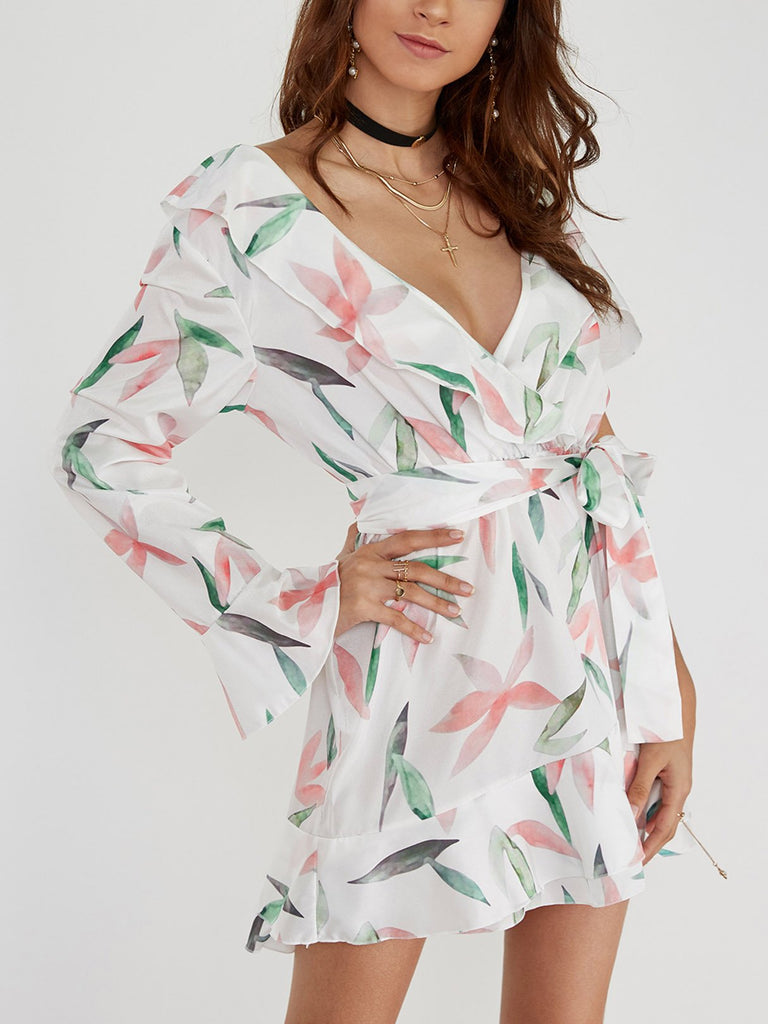 White V-Neck Long Sleeve Floral Print Crossed Front Tiered Lace-Up Wrap Flounced Hem Dresses