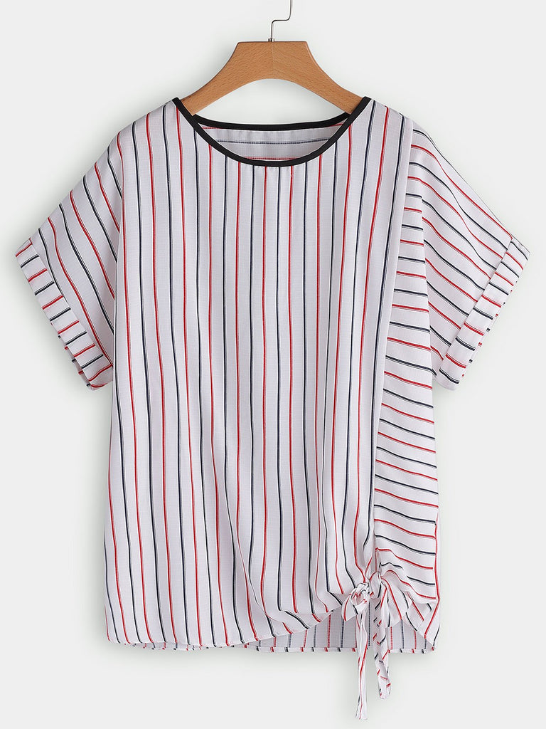 Round Neck Stripe Self-Tie Short Sleeve Plus Size Tops