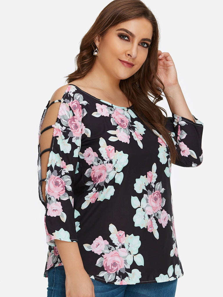 Round Neck Floral Print Cut Out 3/4 Sleeve Curved Hem Plus Size Tops