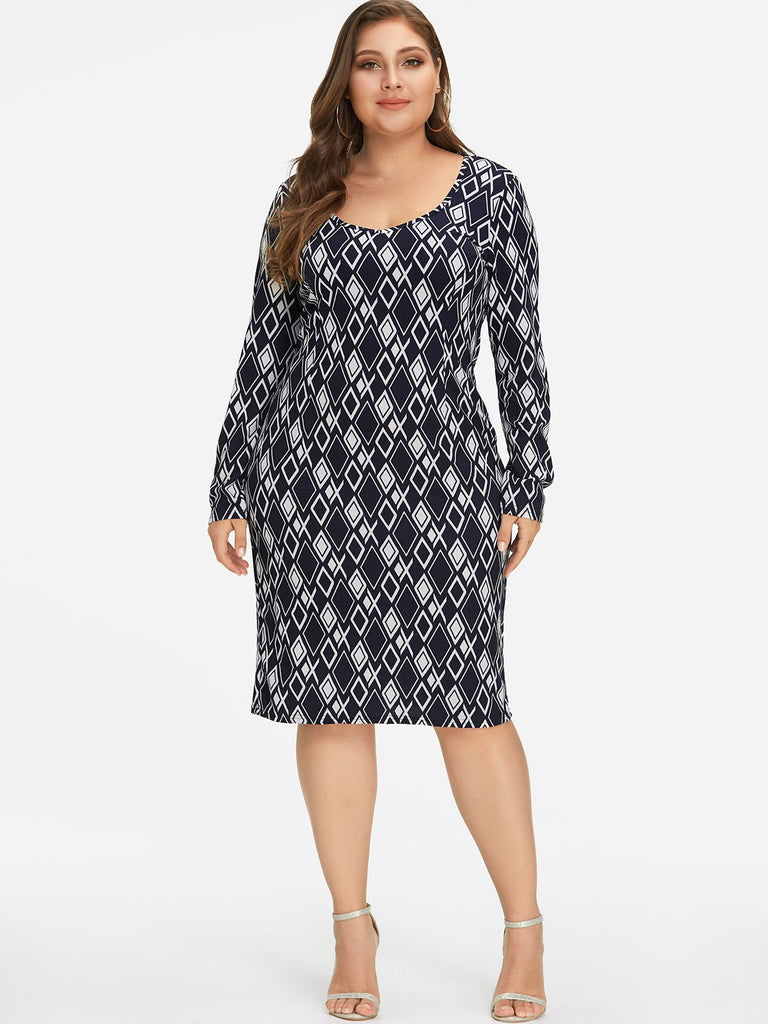 Square Neck Geometrical Long Sleeve Navy Plus Size Dress