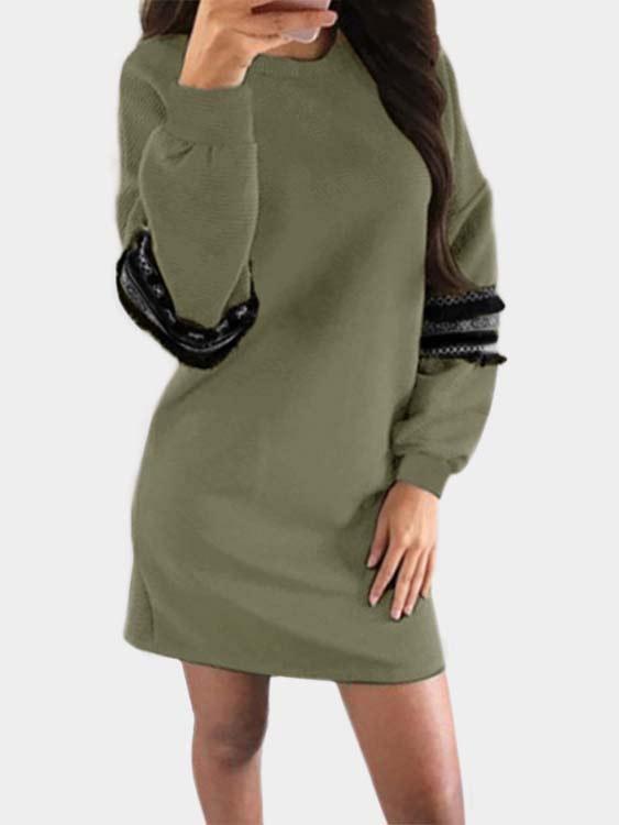 Round Neck Tassel Long Sleeve Green Mini Dress