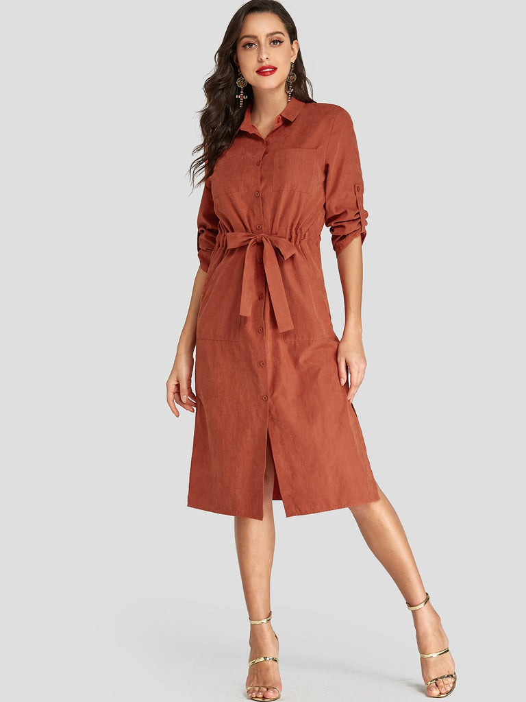 Rust Classic Collar Half Sleeve Plain Pleated Belt Self-Tie Slit Hem Midi Dresses