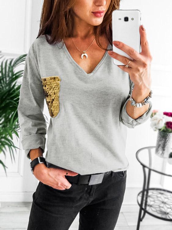 V-Neck Long Sleeve Sequins Pocket Grey T-Shirts