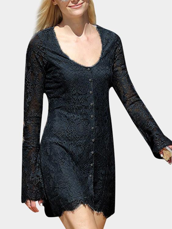 Black Scoop Neck Long Sleeve Plain Lace High Waist Mini Dress