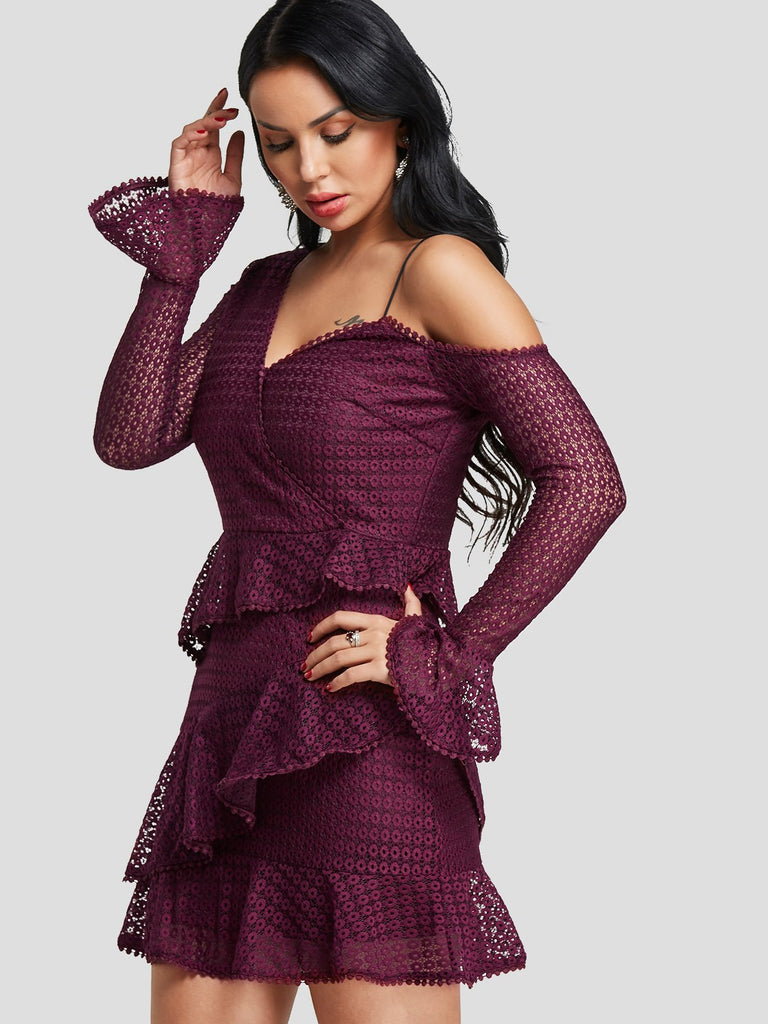 Burgundy Asymmetrical Long Sleeve Backless Spaghetti Strap Ruffle Hem Sexy Dresses