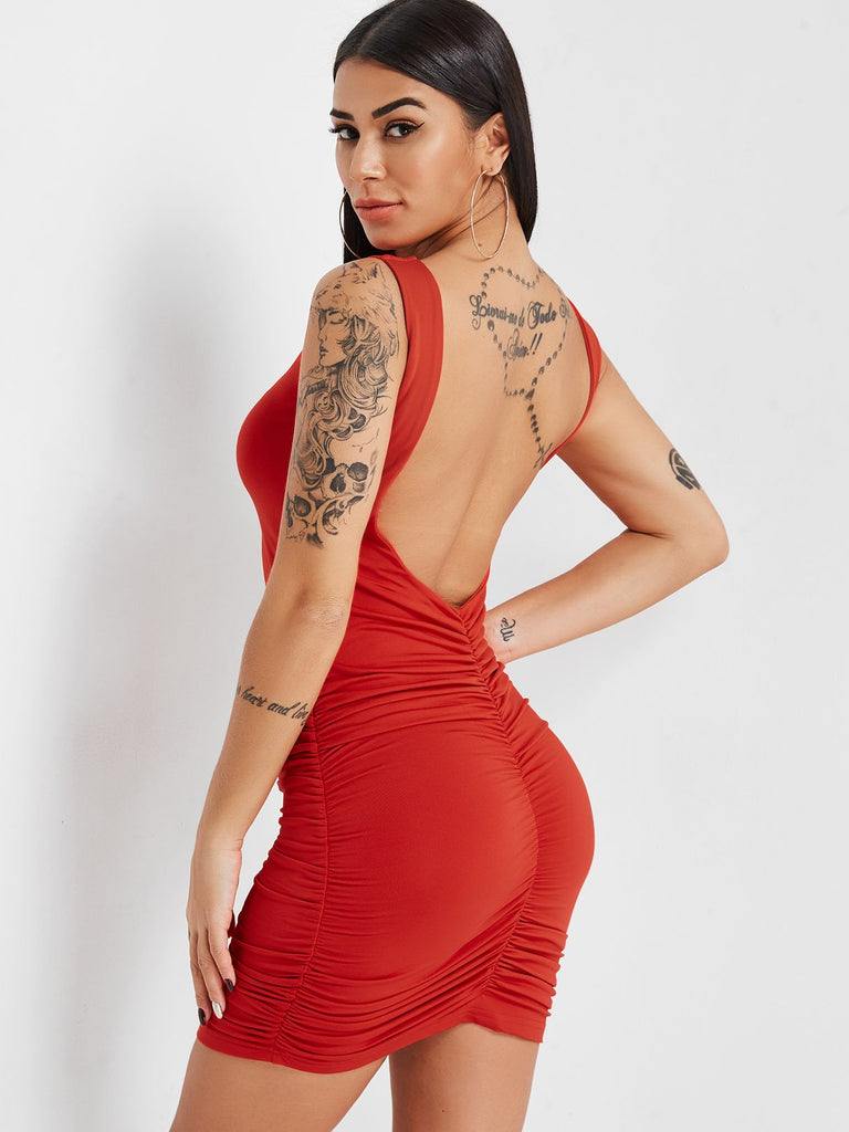 Red Scoop Neck Sleeveless Plain Backless Sexy Dresses