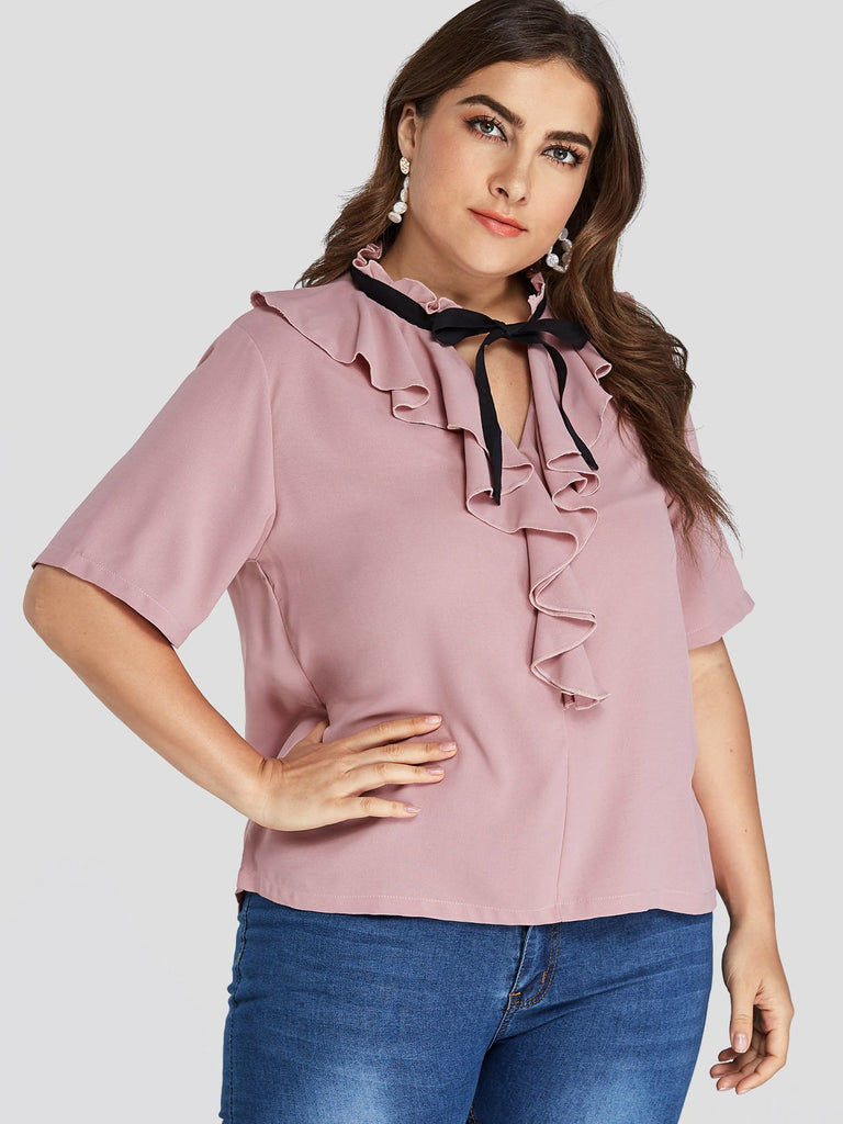 Drape Sagging Plain Cut Out Tie-Up Ruffle Trim Half Sleeve Pastel Plus Size Tops