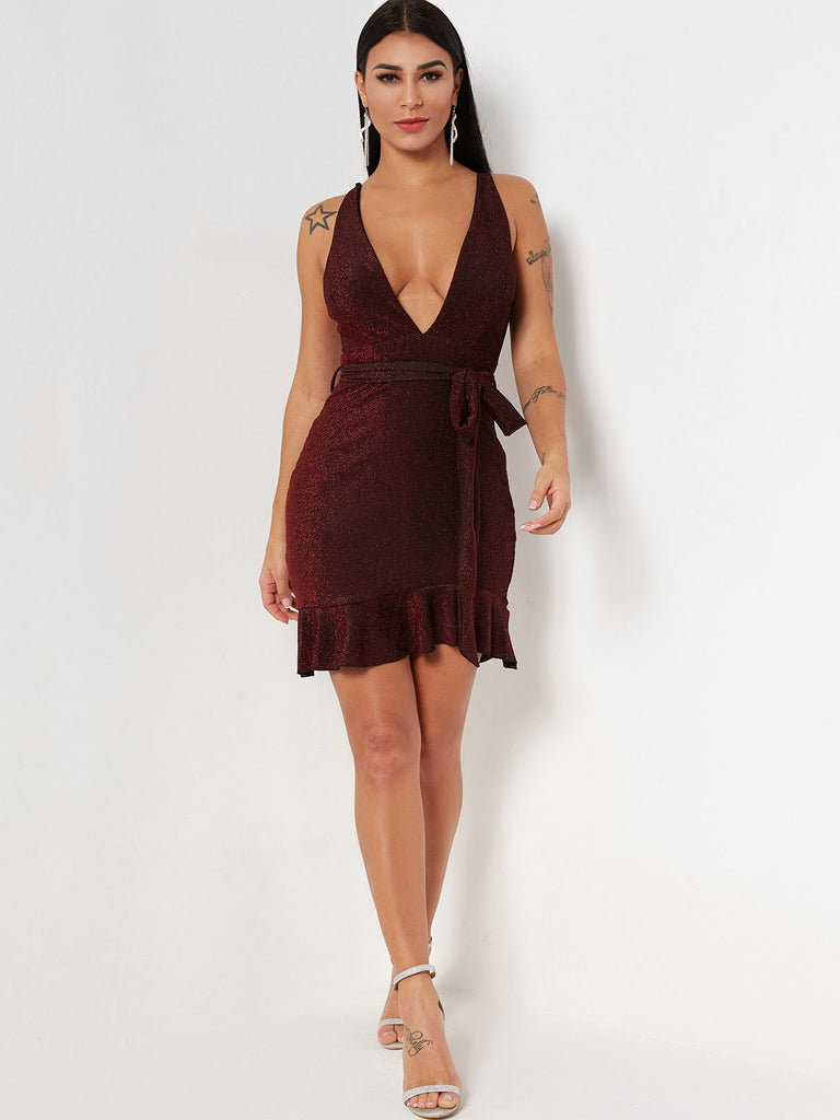 Burgundy Deep V Neck Sleeveless Plain Sequins Embellished Self-Tie Flounced Hem Dresses