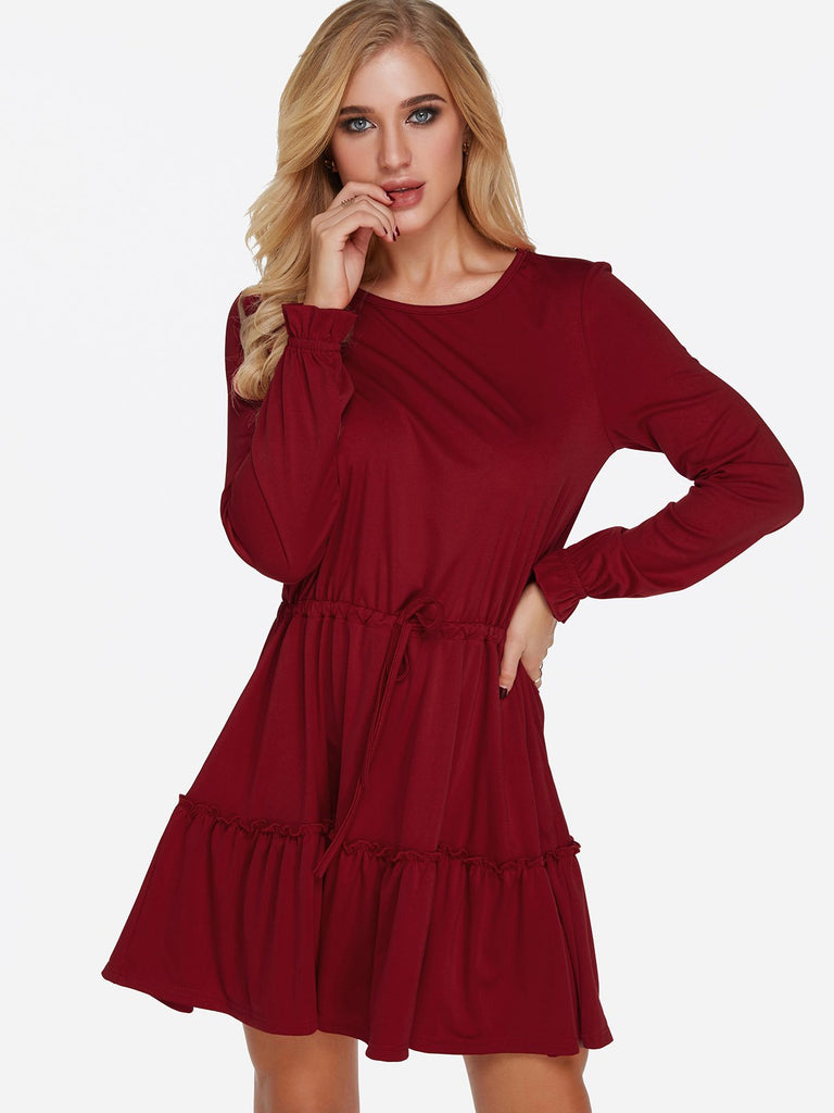 Burgundy Round Neck Long Sleeve Plain Lace-Up Flounced Hem Casual Dresses