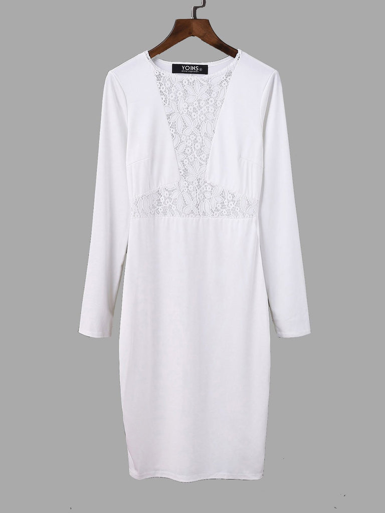 White Crew Neck Long Sleeve Lace Midi Dress