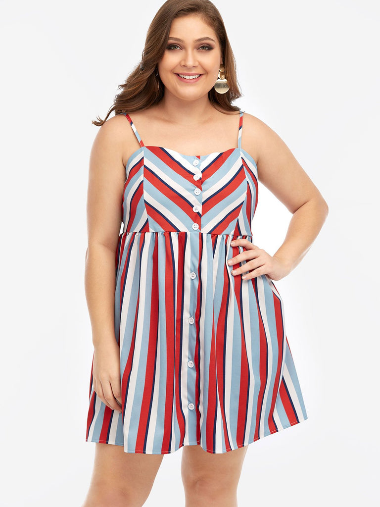 Square Neck Stripe Sleeveless Plus Size Dress