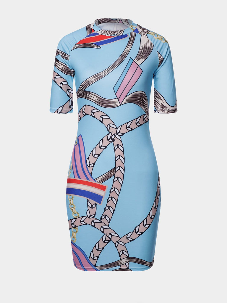 Blue Perkins Collar Half Sleeve Printed Bodycon Mini Dresses