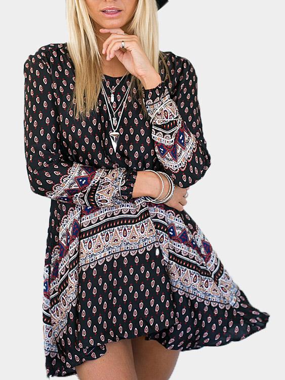 Crew Neck Long Sleeve Floral Print Casual Dress