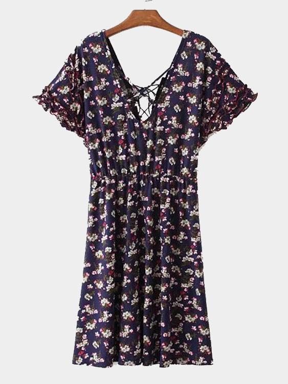 V-Neck Floral Print Tie Back Pastoral Style Dresses