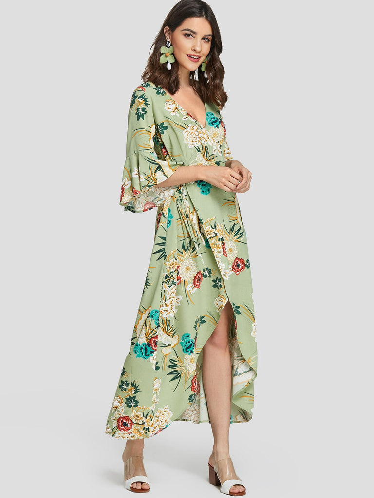 Green Deep V Neck Half Sleeve Floral Print Self-Tie Slit Hem Maxi Dresses