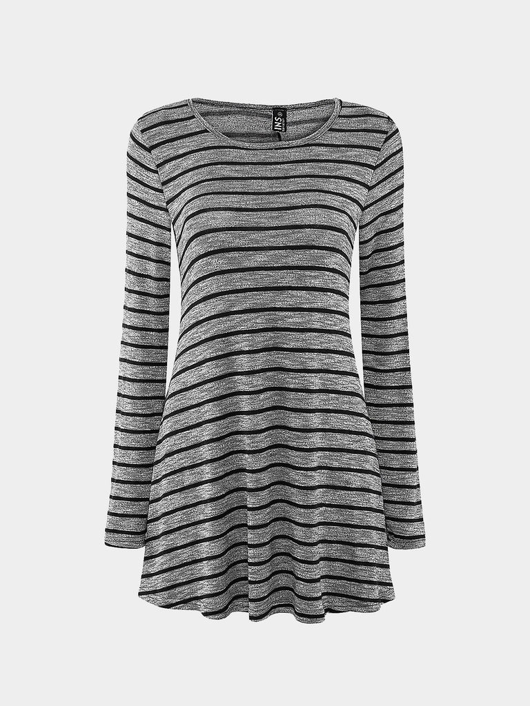 Grey Crew Neck Long Sleeve Stripe Casual Dress