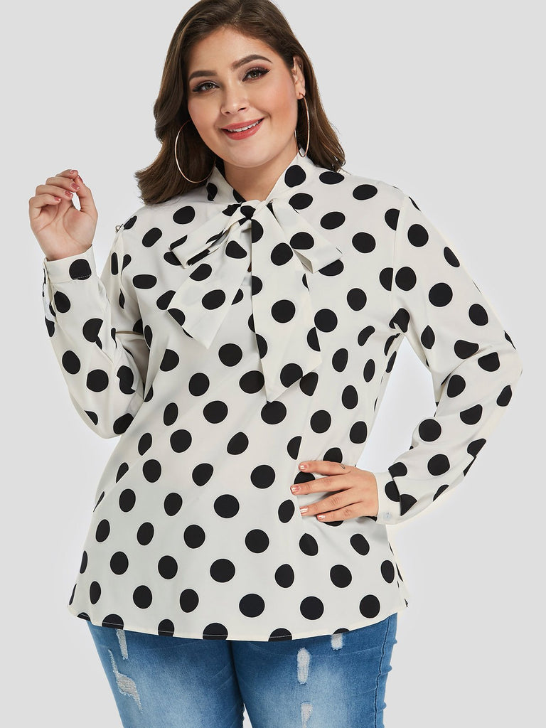 Polka Dot Self-Tie Long Sleeve Plus Size Tops