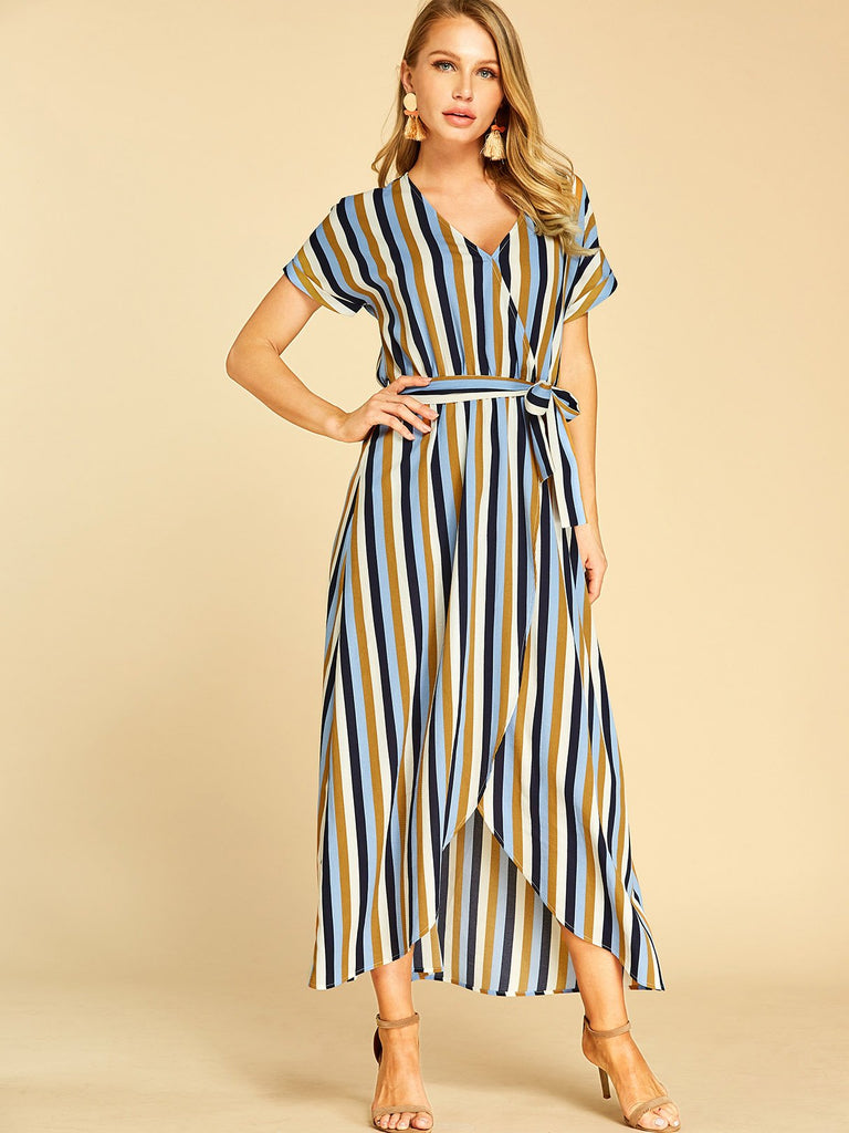 V-Neck Short Sleeve Stripe Self-Tie Wrap Dresses