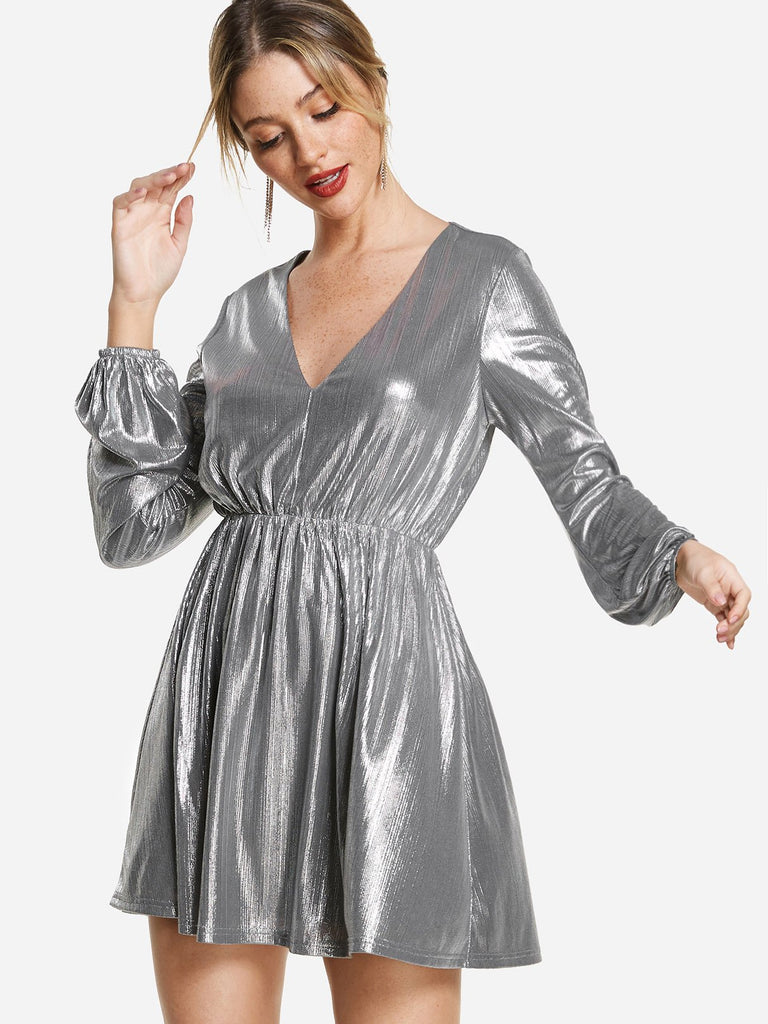 Silver V-Neck Long Sleeve Dress