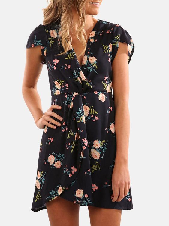 Navy V-Neck Short Sleeve Floral Print Wrap Irregular Hem Dresses