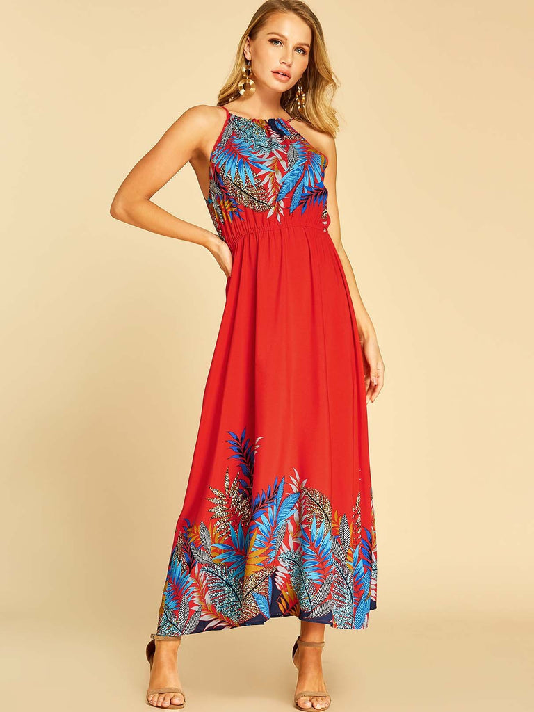 Red Halter Sleeveless Floral Print Casual Dress