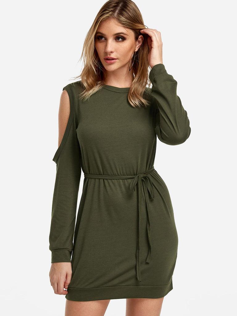 Cold Shoulder Long Sleeve Plain Green Casual Dresses