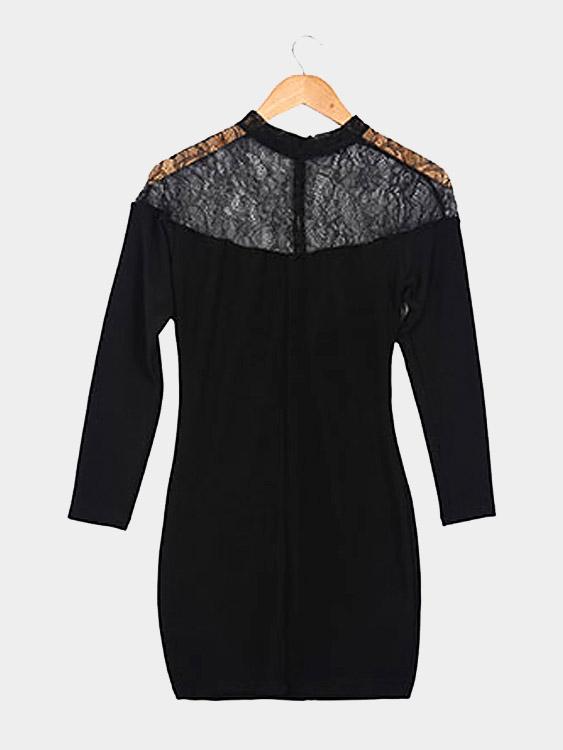 Black Crew Neck Long Sleeve Lace Bodycon Hem Sexy Dresses