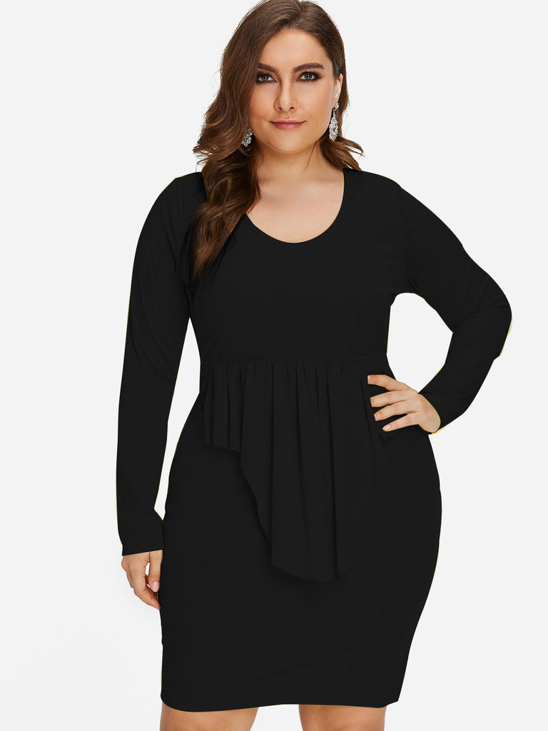 Round Neck Plain Long Sleeve Ruffle Hem Black Plus Size Dress