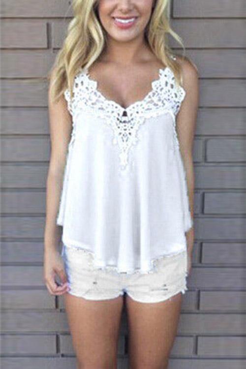 V-Neck Crochet Lace Embellished Sleeveless White Camis