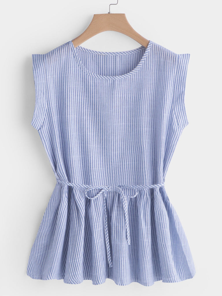 Round Neck Stripe Pleated Self-Tie Sleeveless Blue Plus Size Tops