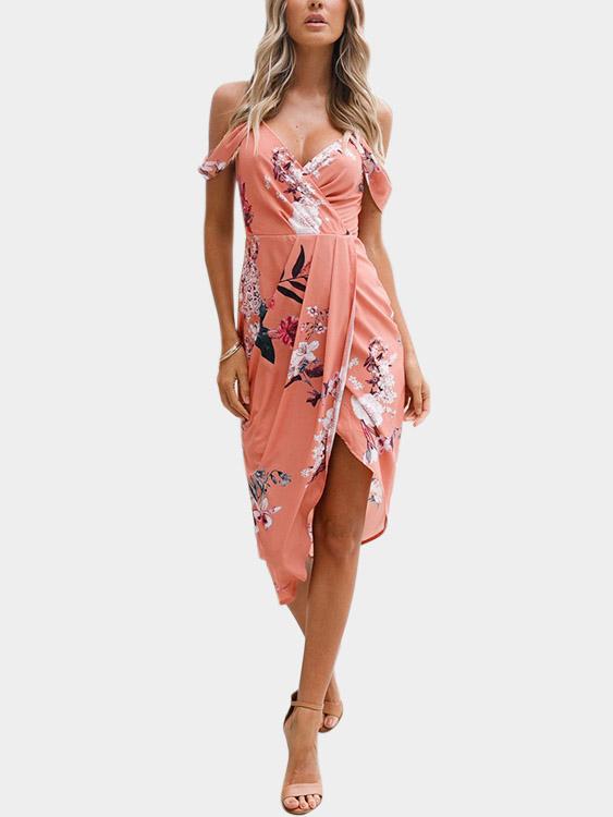 Cold Shoulder Deep V Neck Short Sleeve Floral Print Crossed Front Spaghetti Strap Slit Hem Dress