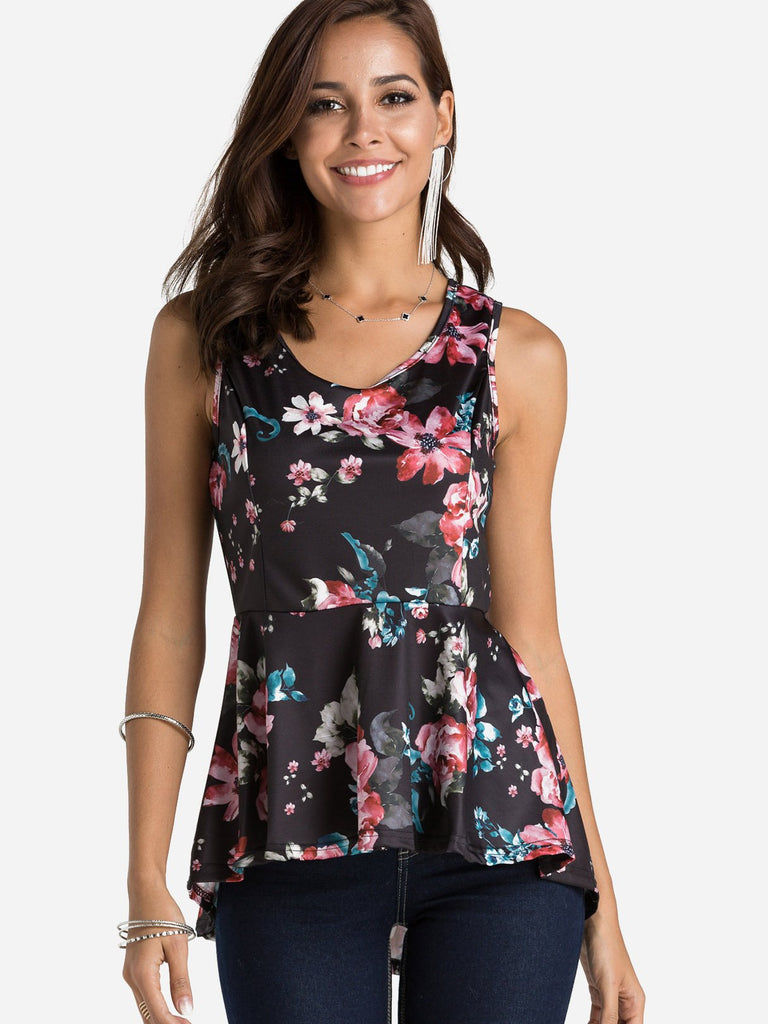 Round Neck Floral Print Sleeveless Flounced Hem Black Tank Top