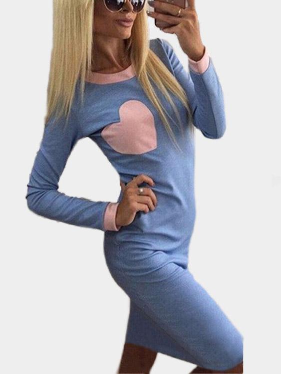 Blue Crew Neck Long Sleeve Geometrical Plain Casual Dresses