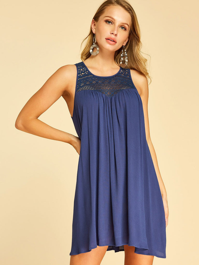 Navy Round Neck Sleeveless Plain Crochet Lace Embellished Casual Dress